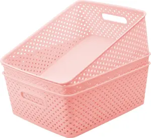 MaxGear Organization and Storage 3 Packs, Plastic Bins Organizer Bins, Woven Baskets for Storage, Plastic Baskets with Handles, Pink Basket for Organizing, Basket Organizer for Home and Office, Large