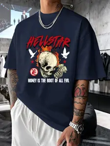 Men's Short Sleeve T-Shirt Summer Hellsat Flame Skull Print American High Street Dark Casual Loose Fit Drop Shoulder Top