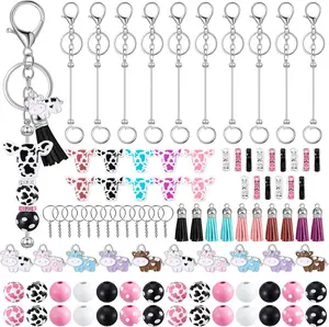 108pcs bead keychain set, including 10 keychains, 10 lobster chains, 28 round beads, 10 bull head beads, 10 tassels, 10 bull pendants, and 30 spacer beads DIY craft gifts Halloween gifts Christmas gifts