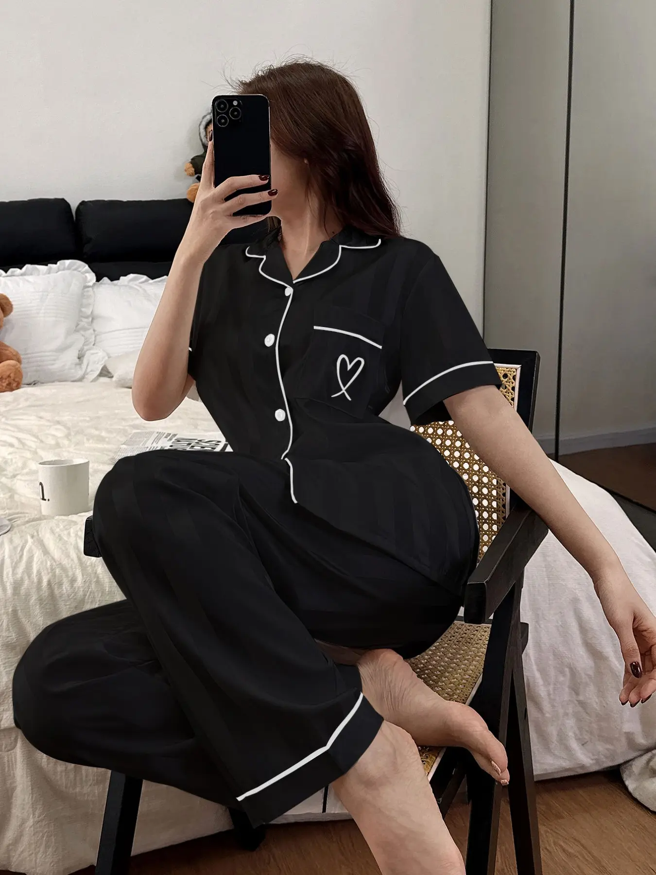 New Summer Autumn Women's Lapel Pajama Set, Sleep Sets, Loungewear, Nightwear, Homewear, with Trim, Heart Embroidery, Elegant French Style, Aesthetic, Casual Fitted Pyjamas, Pjs