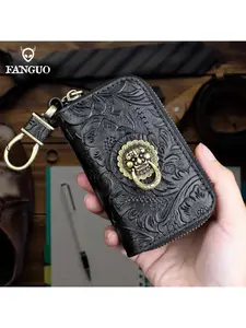 Handmade Key Wallet Genuine Leather Smart Key Holder Housekeeper Key Case Cover Portable Coin Purse Double Zipper Wallet Bag