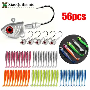 56pcs Fishing Hook Set with 10 Fish Heads and 50 Soft Lures, Fishing Lure Kit, Fishing Tackle, Suitable for Freshwater and Saltwater Fishing, Perfect for Catching Bass and Pike