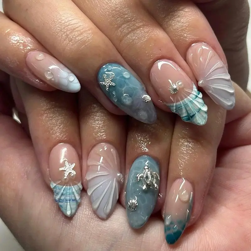 30 Pcs Ocean Theme Nail Tips, Summer Limited French Gradient Turtle Star Shell Nails, Almond Shape Whitening Detachable False Nails, False Nail Set