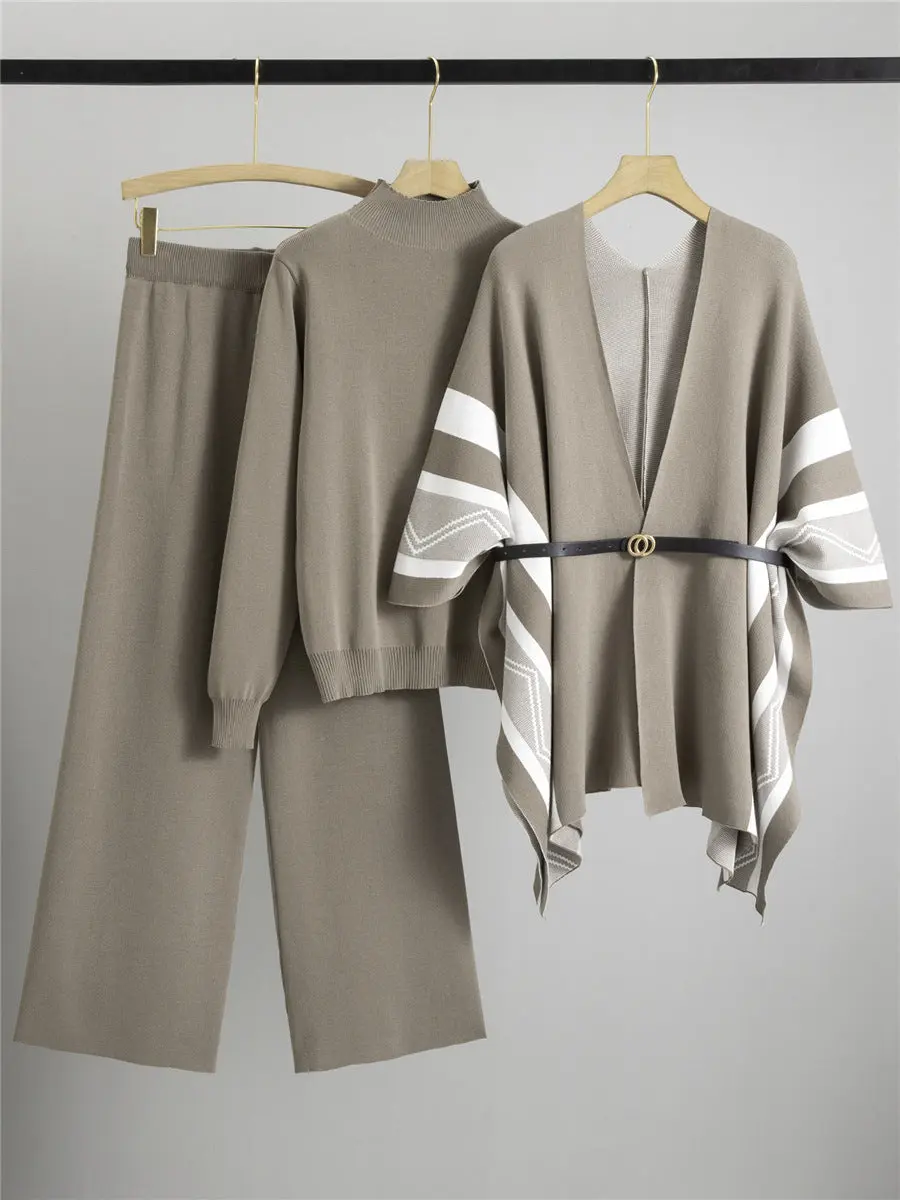 Fashion Suit Women's Fitted Casual Knitted Shawl Cardigan Turtleneck Sweater Wide-Leg Pants Three-Piece Set Basic Minimalist Clothes Vneck Womenswear