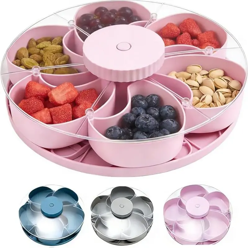 Rotatable Tray for Snacks, Snack Container, Snack Organizer Box, Dip Sauces, Party Appetizers, Covered Lazy Susan, Vegetable Storage Box, Food Storage Boxes, Kitchen, Travel, Picnic, Lid