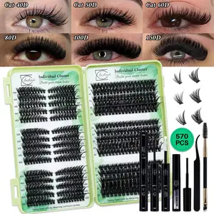 570 PCS Lash Clusters Kit Cat 40D&50D&60D+80D+100D 6 Styles Mix10-18mm/12-20mm False Lashes with Bond&Seal Lash Remover Brush Lash Applicator, DIY Eyelash Cluster, Perfect for Beginners & Pros, DIY for Makeup Daily