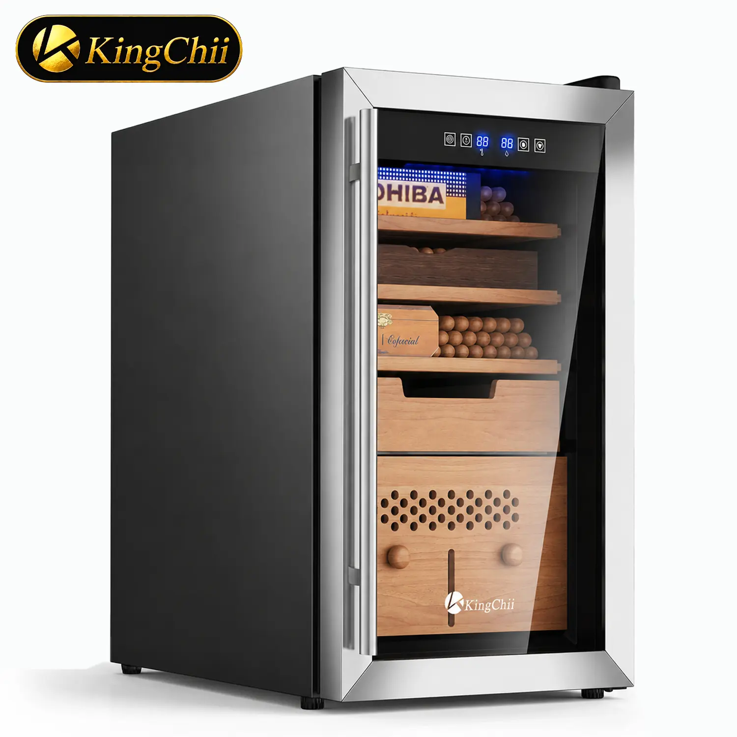 KINGCHII 43L Smart Compressor Climate Cabinet, 2-Way Auto Climate Control, Premium Aromatic Wood Shelves, 300-Count Capacity, Professional Grade Storage