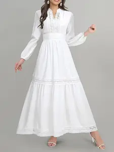 Women's Plain    Contrast  Lace Trim Dress, Elegant Bishop Sleeve  Long Sleeve Dress for Spring & Fall, Women's Clothing for Daily Wear Womenswear