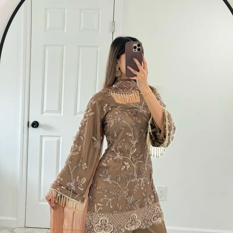 Wedding Eid Taupe Pearl Dupatta Silk Sharara Short Kameez with Bell Sleeves and Tassels for Special Occasions Womenswear Dress