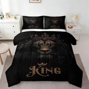 2/3Pcs King Lion Comforter Set, Majestic Lion with Crown Quilt, Black Gold Lion Bedding Set with Pillowcases, Luxury Animal Print Comforter for Men Teens, Stylish Design for Bedroom, All Season Cozy Bedding