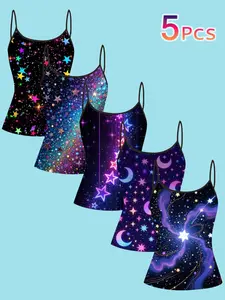 5 Pcs Star Moon Print Strapless Tank Tops for Women, Womenswear, Summer Y2K Style, Slim Fit, Casual All-Season Wear, Sweet Cool Fashion