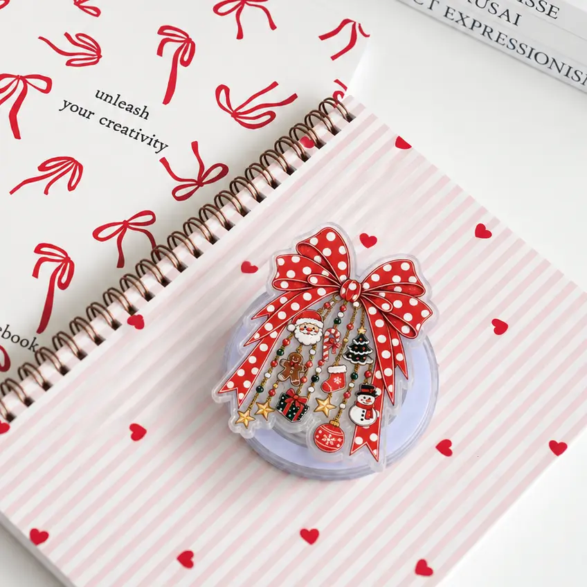 Christmas Bow Phone Grip, Kindle Grip, Red Polka Dot Bow Phone Holder, Holiday Santa Gingerbread Christmas Tree Pop Grip, Festive Phone Accessory