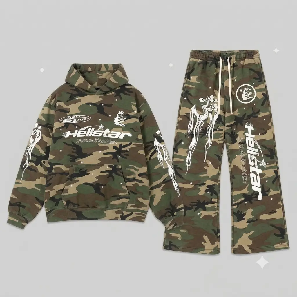 Hellstar Racer Tracksuit Vintage Camo Flame Graphic Hoodie Sweatpants Set Oversized Streetwear Jogger Set