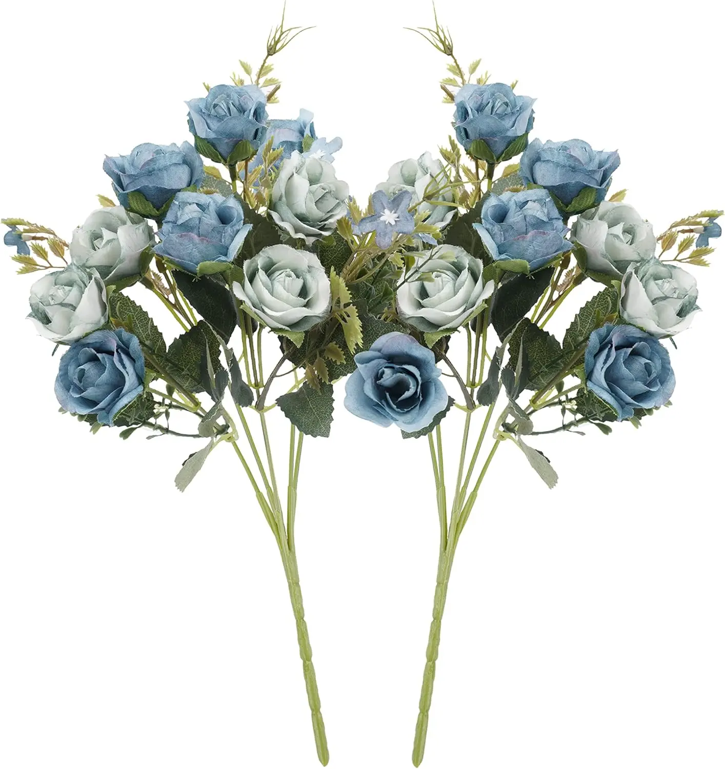 Decorative Silk Small Rose Artificial Flower Bundles (2-Pack) - 5 Stems, 10 Heads, Blue, 11.8" Tall, Realistic Never Wilt, Bridal Bouquet/Centerpieces for Wedding, Home Decor Supplies