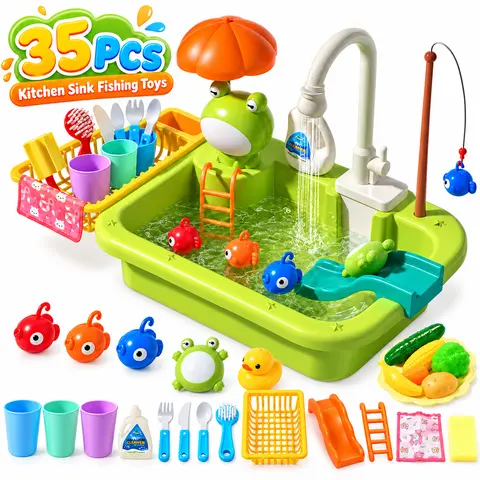 Cute Stone Kids Pretend Play Roleplay Kit - Upgraded Electric Faucet, Running Water, Detachable Drain Rack, Floating Fish, Mini Cooking Set, Vanity, Eco-Friendly Plastic Cups/Plates/Brushes, 16x12x5 inches, Safe for Ages 6+ Yrs, Girls' Fun Toy Gift, aa
