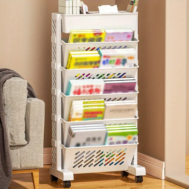 1pc Multi-tier Pushable Storage Shelf Bookcase, 6-Tier Book, Textbook, Magazine Table Organizer Cart, Office Study Book Storage Rack with Casters,Storage Cabinets