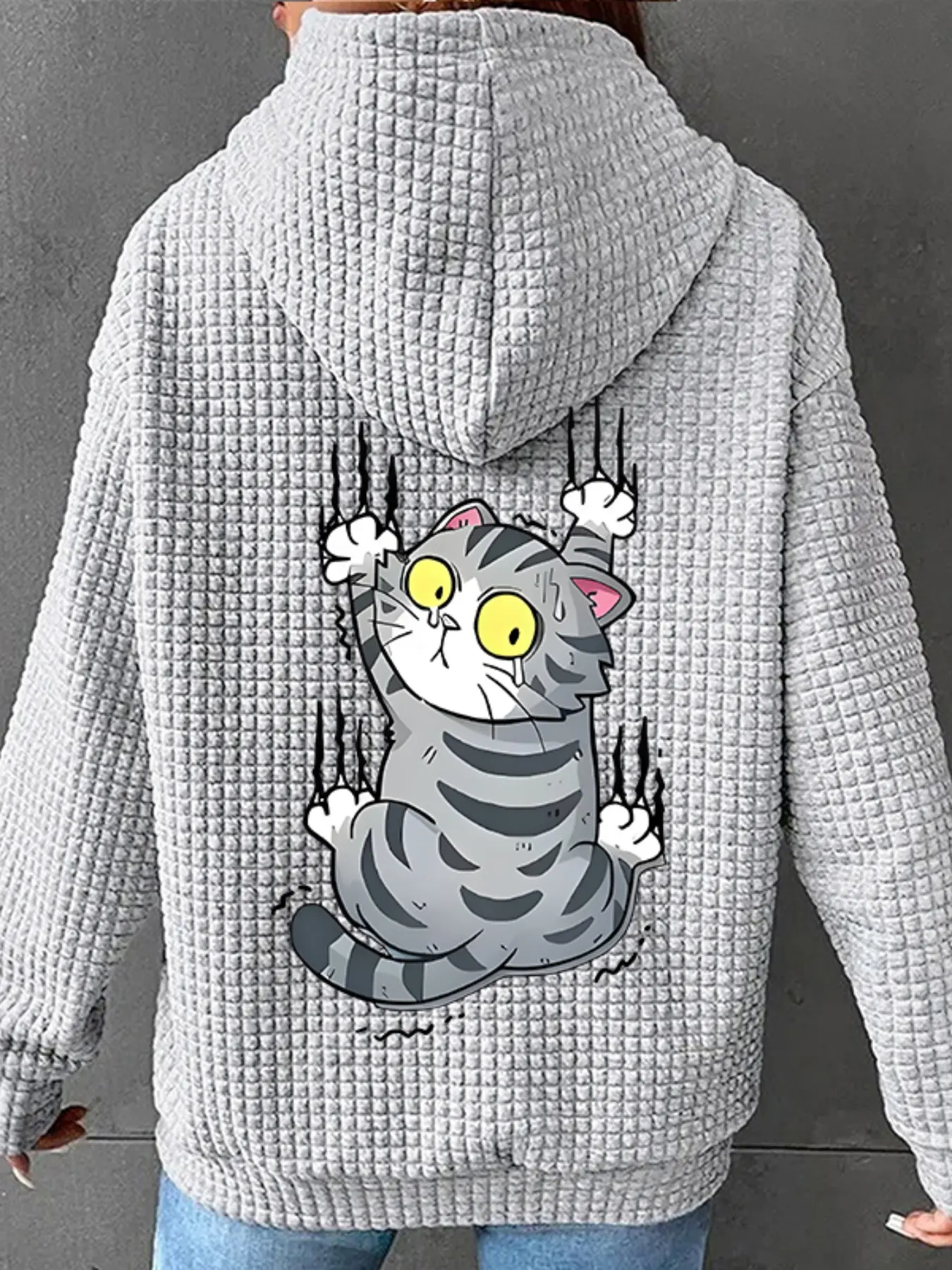 Women's Trendy Loose Hooded Sweatshirt with Cute Cat Print, Cartoon Print Sweatshirt, Long Sleeve Pullover with Pocket, casual cozy pullover, Fall & Winter Casual Top