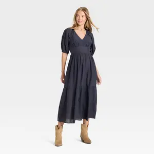 Universal Thread Women's Puff Elbow Sleeve Maxi A-Line Dress - V-Neckline, Elastic Waistband, Cotton Viscose Blend, Lightweight Fabric