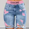 CHICME Women's Stretchy Skinny Waisted 2-In-1 Denim Shorts - Colorblock Tie Dye, Ripped Design, Slim Fit, Pocketed - Ideal for Casual Wear, Workout