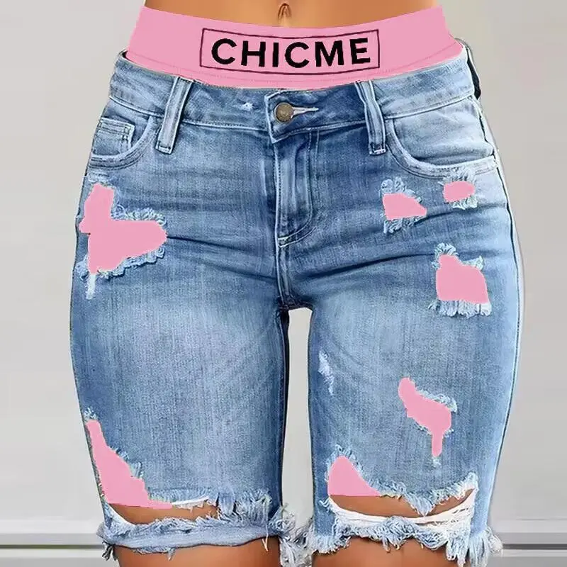 ChicMe Women's 2-In-1 Denim Shorts Colorblock Print Ripped Shorts Workout Running Shorts Perfect For Casual Wear Trendy