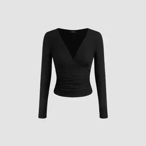 Women's V-Neck Solid Ruched Long Sleeve Cider Tee - 2 Colors, Size 2-10