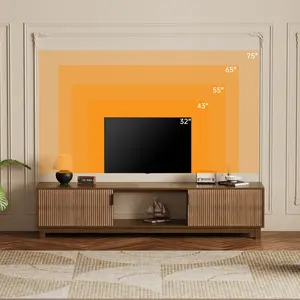 70'' Fluted Long TV Stands with Storage Cabinet and Open Storage Shelf, Walnut Mid Century Modern TV Console with Storage, Boho Entertainment Center with 2 Hinged Doors, Open Shelves & Cable Management