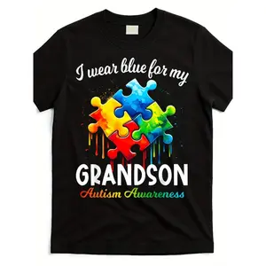 Autism Awareness "I Wear Blue for My Grandson" Puzzle Piece Graphic T-Shirt - Grandma & Grandpa Supportive Design, Unisex Adult Short Sleeve Round Neck, All-Season for Autism Acceptance & Sensory-Friendly Casual Wear