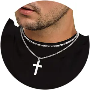 YADOCA Cross Necklace for Men - 14K Plated Gold Silver Black Plated Stainless Steel Layered Cross Chain Crucifix Necklace Cuban Link Herringbone Chain Box Chain Cross Pendant Fashion Jewelry Gifts 16 18 20 22 24 Inches