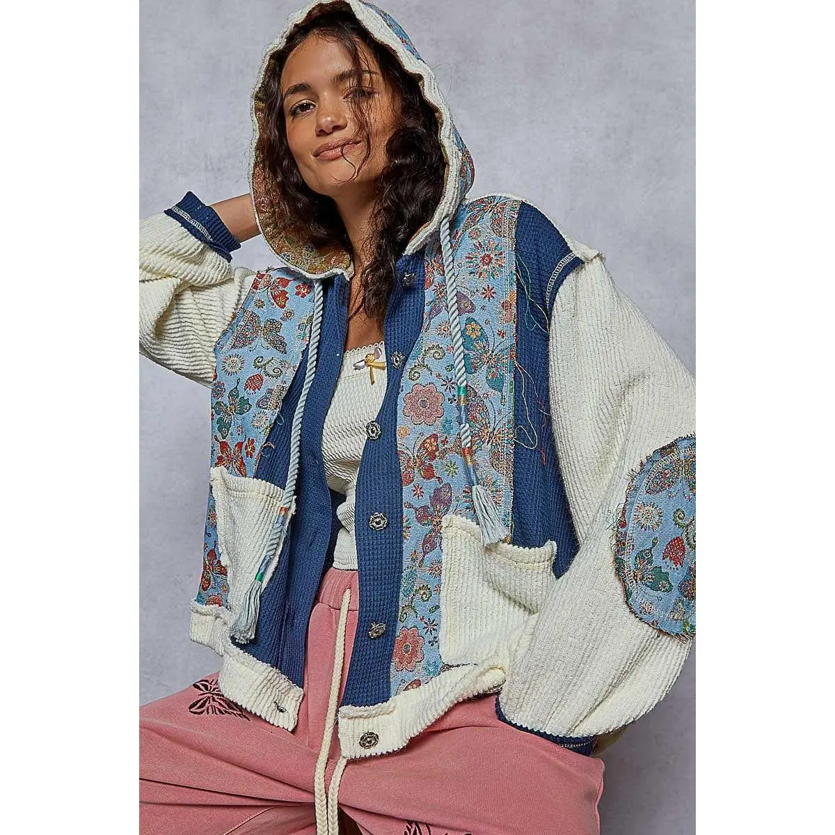 Pol Clothing Women's Floral Patchwork Hoodie, Everyday Loose Fit Cotton Polyester Top with Long Balloon Sleeves and Elbow Patches, Baggy, Fabric, Tops, Pullover, Oversized, Long Sleeve, Lady