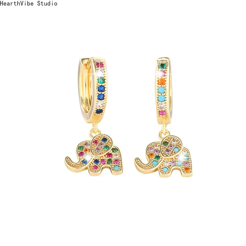 2pcs Bohemian Style Vintage Elephant Earrings, Niche Design Small Elephant Dangle Earrings with Colorful Synthetic Synthetic Zirconia, High-End Copper Micro-Inlaid Synthetic Zirconia Jewelry