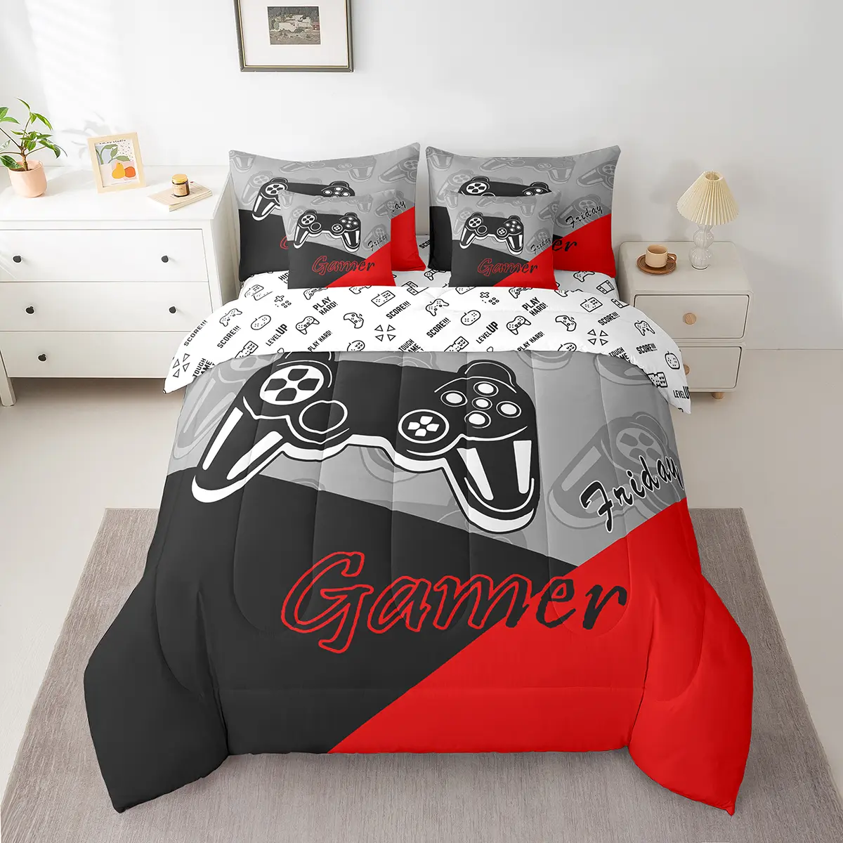Feelyou 7-Piece Gamer Bedding Set - Red & Black Modern Print, Breathable Microfibre, Machinewash Easy All-Seasons Set with Comforter (Queen Size Included), Pillowcases, Cushion Cover (Multi-Size Available, 7-Pieces for Full Refresh)