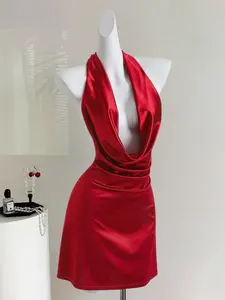 Women's New Vintage Satin Deep V Backless Bow Tie Waist Slimming Fitted Elegant Sexy Statement Party Formal Wear Mini Dress