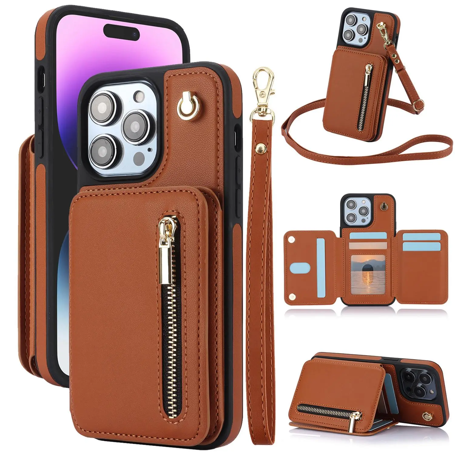 (Case & Nova.) RFID Blocking Zipper Wallet Phone Case with Crossbody Lanyard, Wrist Strap, Shockproof Leather Card Holder, Slim Anti-Drop Casing, Black Design, Screen Protector & Magnetic Animation Nordic Accessory for iPhone 17 Pro Max,16,15,14,13, Acces
