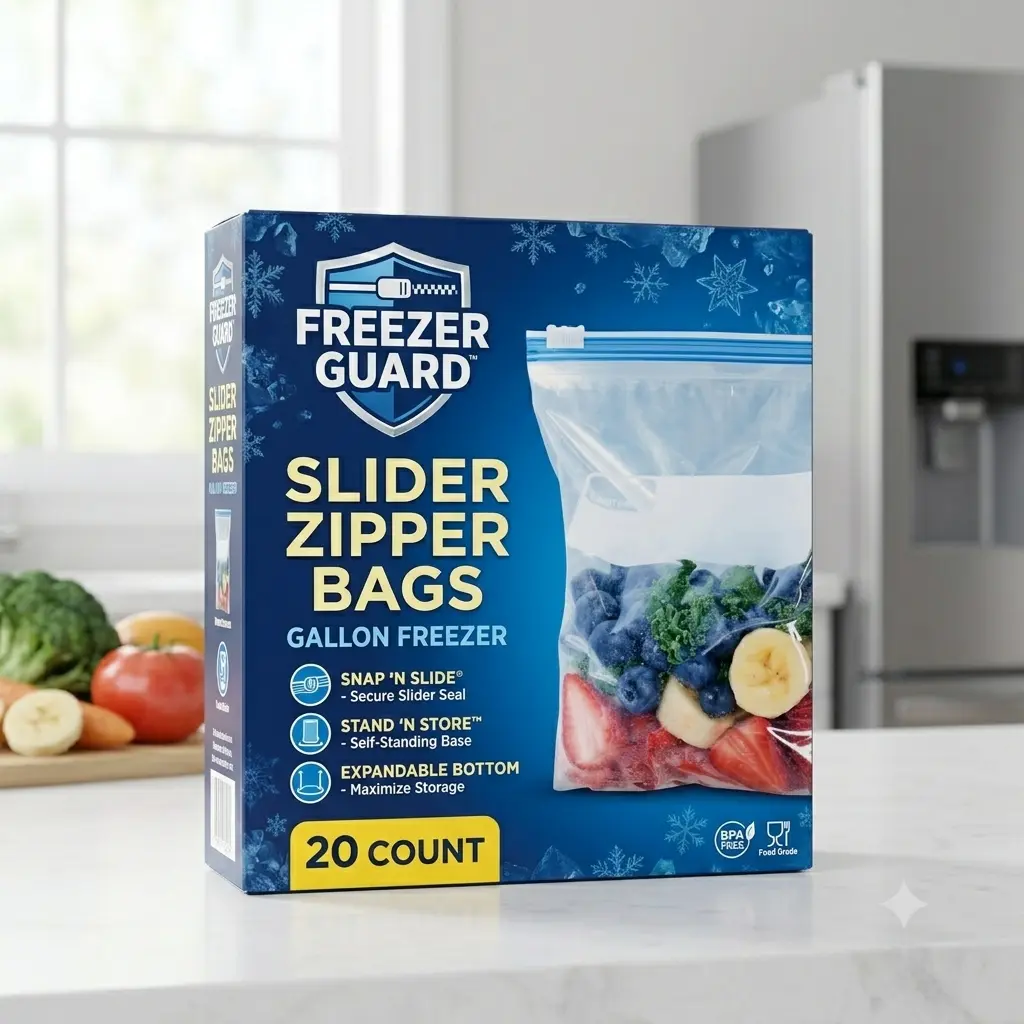 Freezer Guard 1-Gal Sealed Zippered Storage Bags, 20 Count - Durable, Eco-Friendly, Dustproof, Collapsible - Easy-Fill Expandable Bottom, Leakproof, Freezer-Ready Durability - Home Kitchen Supplies for Freezing, Meal Prep, Healthy Meal Prep, Marinating