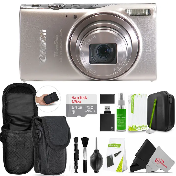 Canon PowerShot ELPH 360 HS A Digital Camera (Silver) + SanDisk Ultra 64GB microSDXC Memory Card + Neoprene Compact Protective Carrying Case + Professional Cleaning Kit + Memory Card Reader
