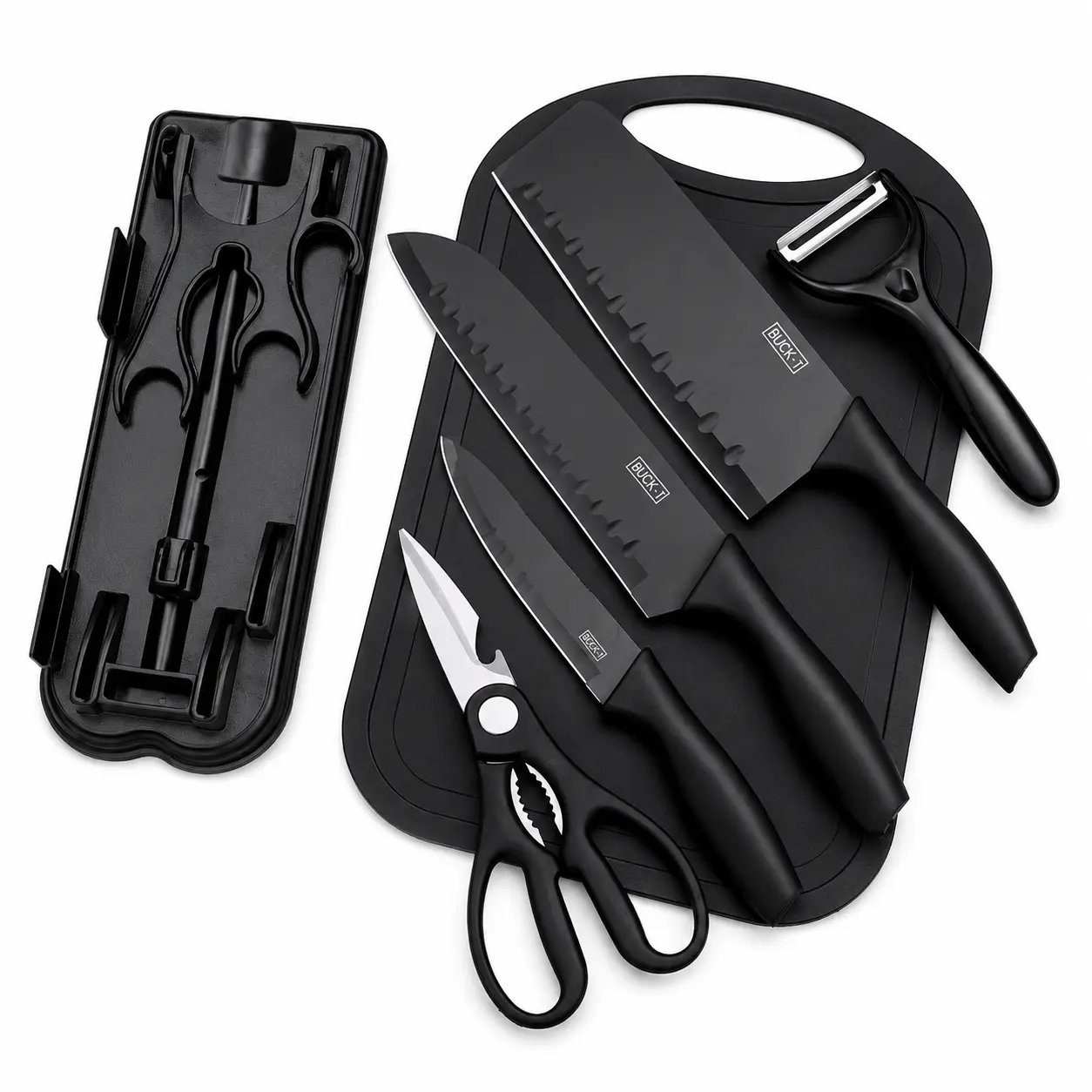 6 Pcs Kitchen Knife Set with Cutting Board, Foldable Holder, Chef Knife, Slicing Knife, Fruit Knife, Kitchen Scissors & Peeler, Ergonomic Black Cooking Tools, Storage