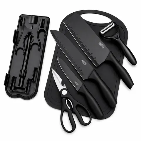 7-Piece Stainless Steel Chef Knife Kitchen Set with ABS Foldable Holder, Chopping Board, Slicing Blade, Fruit Tool, Scissors, Peeler, Ergonomic Black Design for Home Cooking, Organized Storage, Kitchen Supplies & Versatile Tools