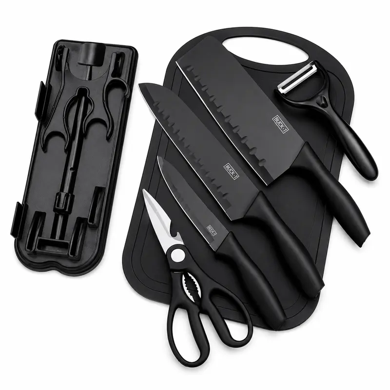 7-Piece Stainless Steel Chef Knife Kitchen Set with ABS Foldable Holder, Chopping Board, Slicing Blade, Fruit Tool, Scissors, Peeler, Ergonomic Black Design for Home Cooking, Organized Storage, Kitchen Supplies & Versatile Tools