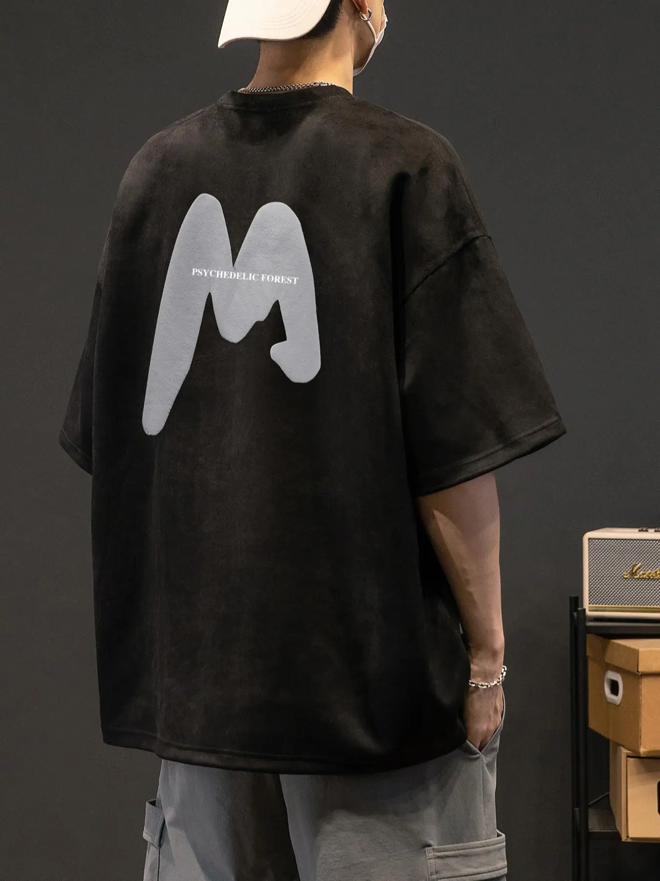 Men's Regular Fit Letter Print Round Neck Drop Shoulder Suede Tee, Crew Neck Short Sleeve T-Shirt for Men, Fashion Casual Comfy Knitting Top for Summe