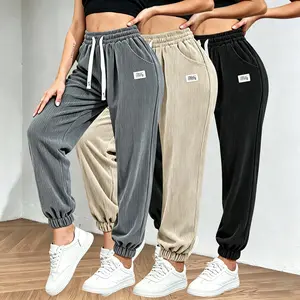 Women’s Loose Fit Solid Corduroy Jogger Pants | Ultra Soft Breathable Vertical Striped Cord Fabric, Adjustable White Drawstring Elastic High Waist, Mini Brand Tag Accent & Convenient Side Inset Pockets, Relax Cuffed Ankle Tapered Cut, Perfect for Spring &