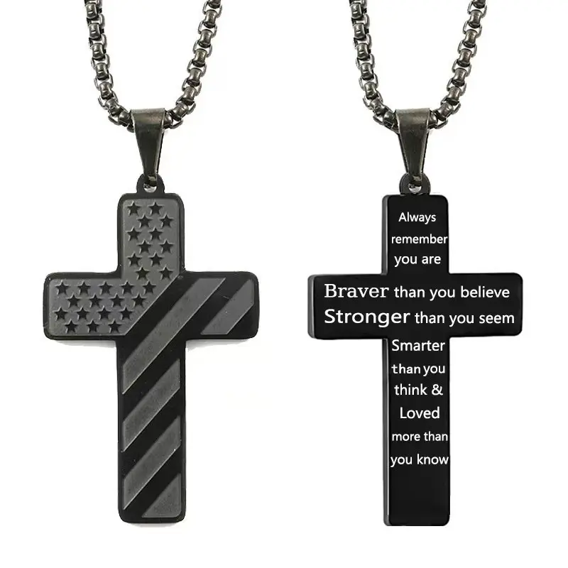 1pc Durable 304L Stainless Steel America Flag Cross Necklace | Bible Verse Necklace for Men Women | Spiritual Inspirational Gift