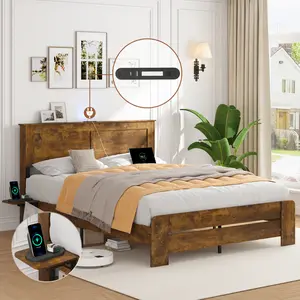 Full/Queen/King Size Platform Bed Frame with Headboard, Charging Station and Storage Shelf, Solid Wood Bed Frame with Sturdy Slats, No Box Spring Needed, Antique Natural