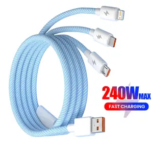 240w Fast Charging Braided Macaron Data Cable, Triple-Head Charger for iPhone Huawei Android Oppo Type-C Xiaomi Car Use