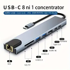 Compact 8-In-1 USB C HUB, Multi Port Adapter, 87w Power Delivery, Type C Docking Station, Ethernet Port, USB 3.0, USB Ports, 4K Ultra HD, SD/TF Card Reader, USB C Dongle