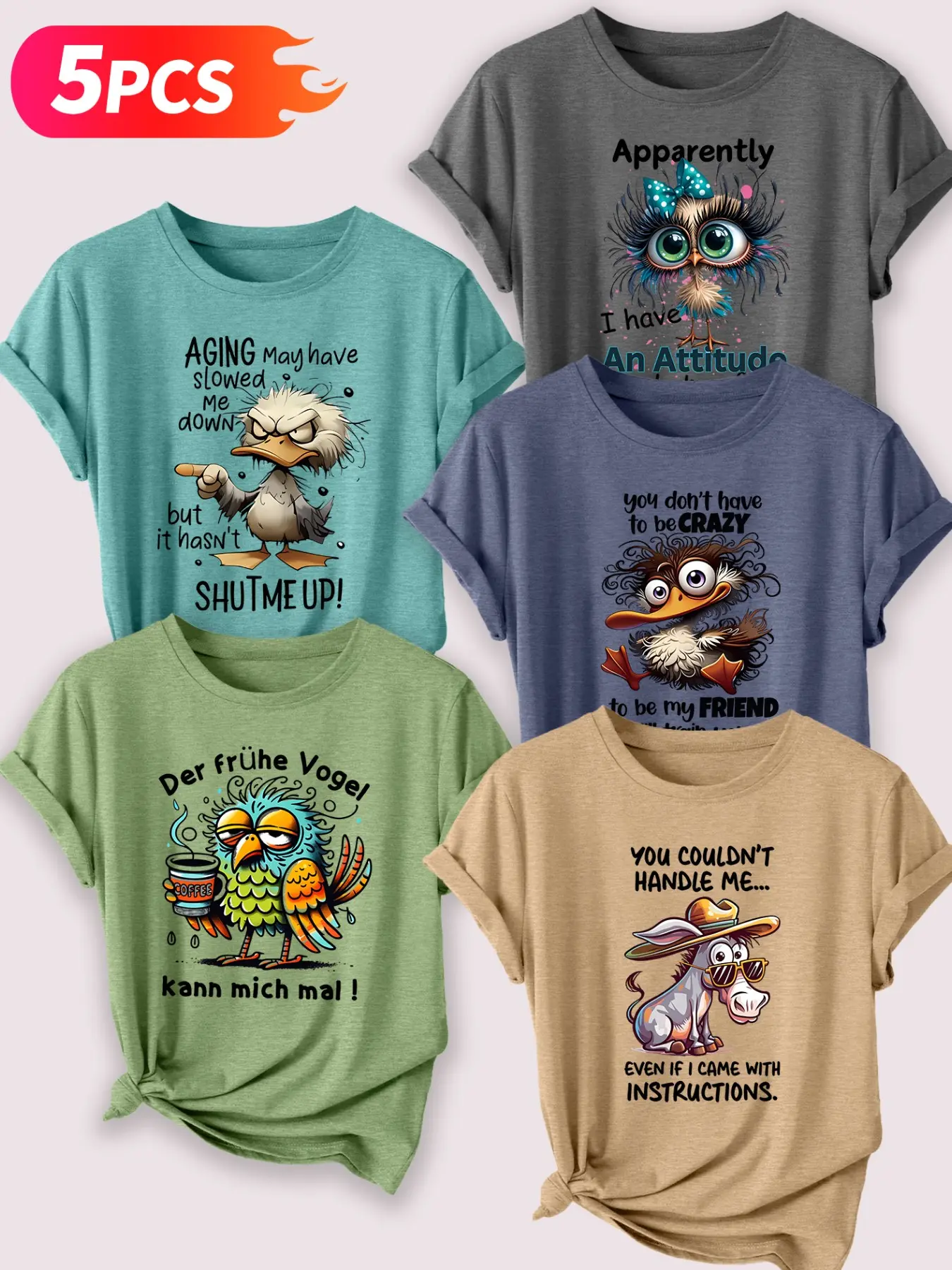 Cute Animal Humor Print Cotton Round Neck T-Shirt Set, 5 Pieces, Fashionable Loose Street Casual Wear, Must-Have Essential, All Seasons