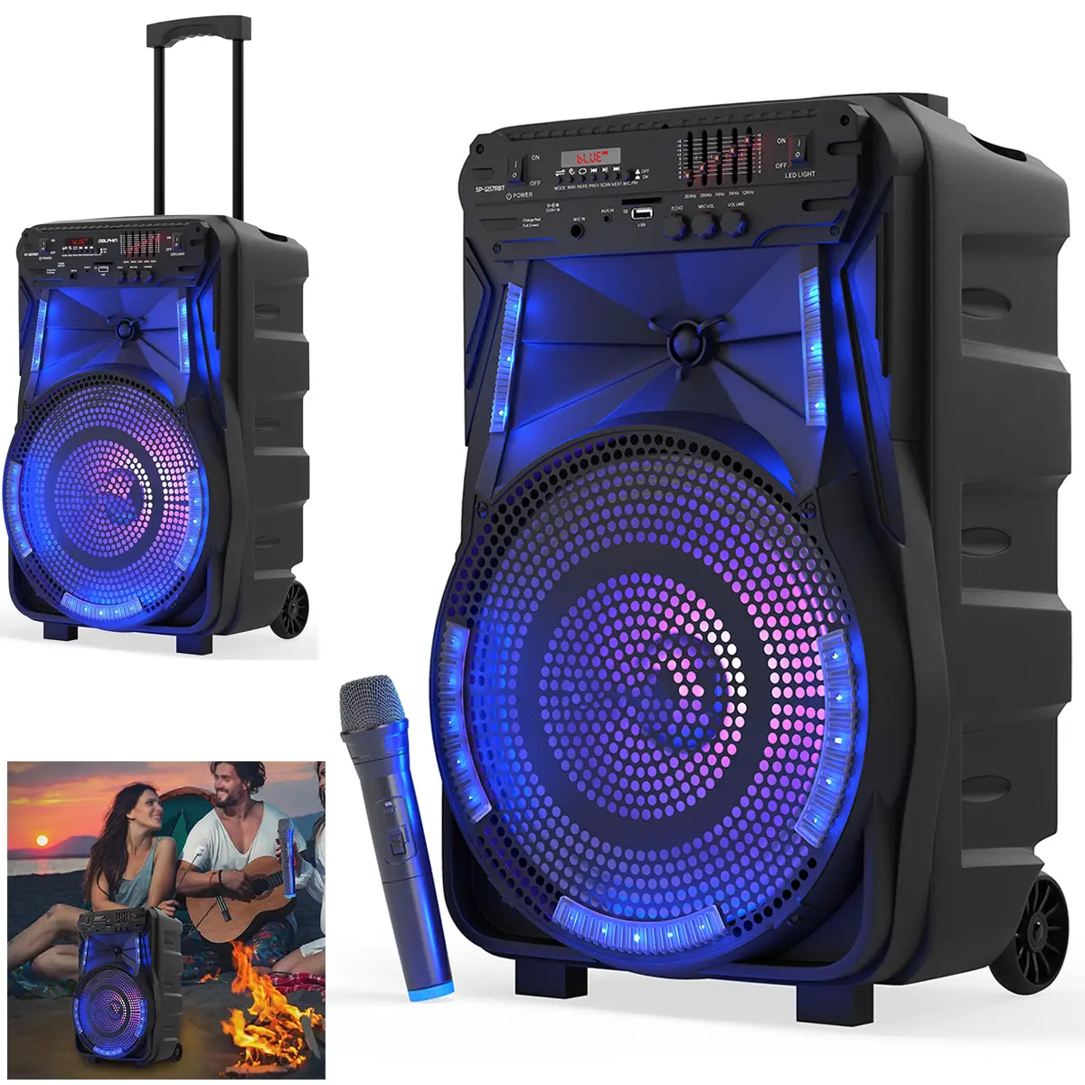 12-Inch Rechargeable High Power Bluetooth Party Box Speaker, Portable Audio with Trolley & Wheels, TWS, LED Lights, 5-Band Equalizer, Heavy Bass Sound