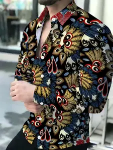 Men's Fitted Background Exotic Peacock Pattern Long Sleeve Shirt, Casual Fit Comfy All Season Wear, All over Print Design