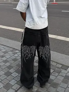 Men's Embroidered Denim Jeans, Straight Leg Loose Fit, Button Closure, Vintage Streetwear Style, Casual Daily Wear, Comfortable and Fashionable, Pants