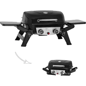 Burner Portable Propane Gas Grill with Foldable Side Tables & Foldable Support Legs, Tabletop Gas Grill with Warming Rack for Outdoor Cooking & Grilling, Black