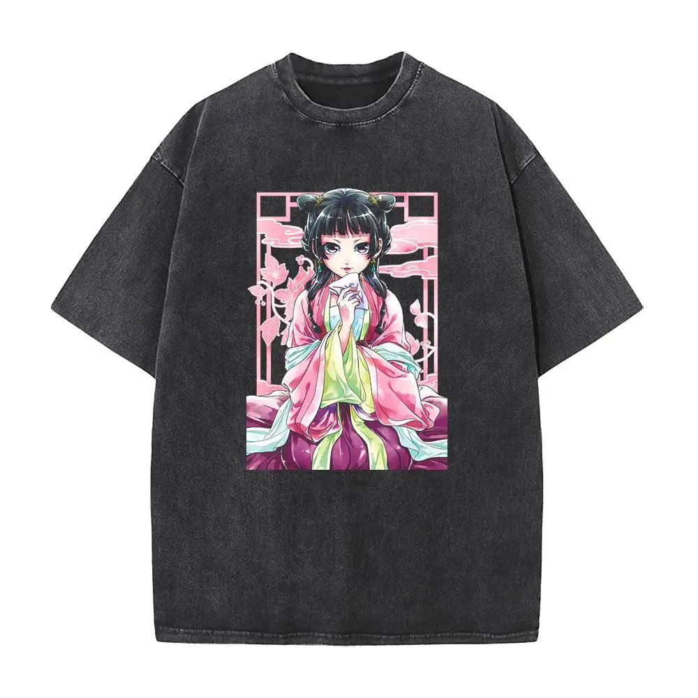 Men's Fitted Cut Casual Vintage Washed Cotton Round Neck Short-Sleeve T-Shirt - Distressed Figure Print, The Apothecary Diaries Anime Streetwear Top